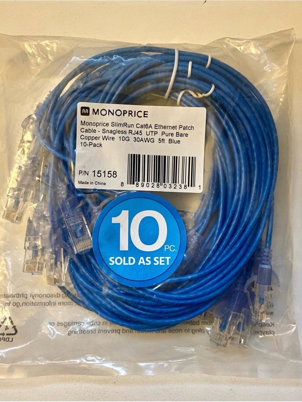 10pcs 5’ Monoprice SlimRun Cat6A Ethernet Patch Cable  Set